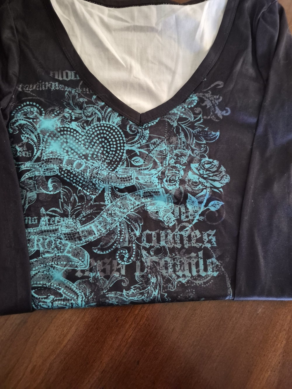 Black V-Neck Long Sleeve Top with Teal Graphic